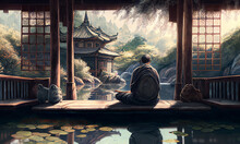 Sitting And Meditating Monk In Gazebo On Lake And Nature Around. Postproducted AI Generated 3d Illustration.