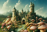fantastic wonderland landscape with mushrooms, beautiful old castle
