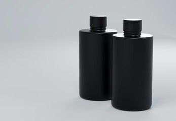 Wall Mural - two black plastic shampoo bottles standing on gray background 3d render business template