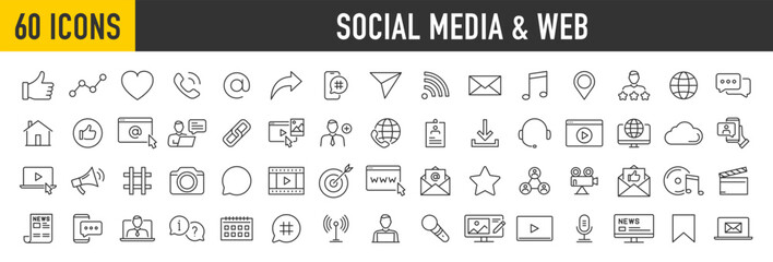 Wall Mural - Set of 60 Social media and web icons in line style. Data analytics, blogging, seo, digital marketing, management, message, phone, collection. Vector illustration.