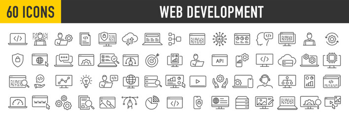 Wall Mural - Set of 60 Web Development web icons in line style. Programming, code, mobile app, developer, management, seo, digital, web design, marketing, analytics, collection. Vector illustration.