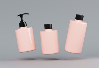 Wall Mural - three different pink plastic cosmetic product floating bottles set template on gray background 3d re