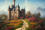 fantastic wonderland landscape with mushrooms, beautiful old castle