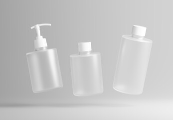 Wall Mural - three different frosted glass cosmetic product floating bottles set template on gray background 3d r