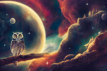 Owl Resting On Balcony At A Castle Floating In Space, Cosmic Nebula, Intricate