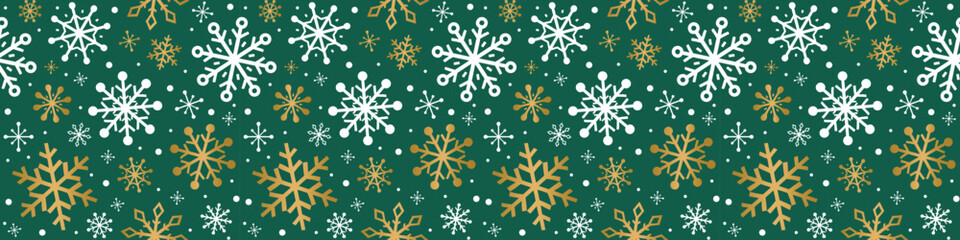 Wall Mural - Design of Christmas background with golden snowflakes. Seamless pattern. Panoramic header. Vector illustration