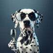 Cooler Lustiger Dalmatiner mit Sonnenbrille und Sektglas in der Pfote, 3D Illustration