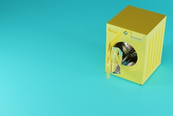 Wall Mural - Washing machine on a blue pastel background. Concept of doing laundry, using a washing machine for laundry. 3D render, 3D illustration.