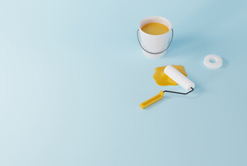 Wall Mural - Paint roller, paint bucket and some spilled paint. Minimalist concept, painting an apartment, a house. House renovation, cleaning, under construction. 3D render, 3D illustration.