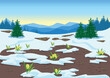 Spring landscape with mountains, forest, glades, melting snow and yellow crocuses. Beautiful spring background illustration. Vector