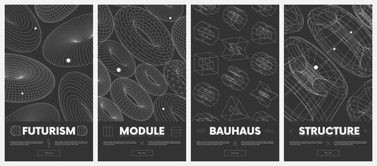 Wall Mural - Collection vector posters with strange wireframes of geometric shapes modern design inspired by brutalism, graphic vaporwave and retrofuturistic style set 8