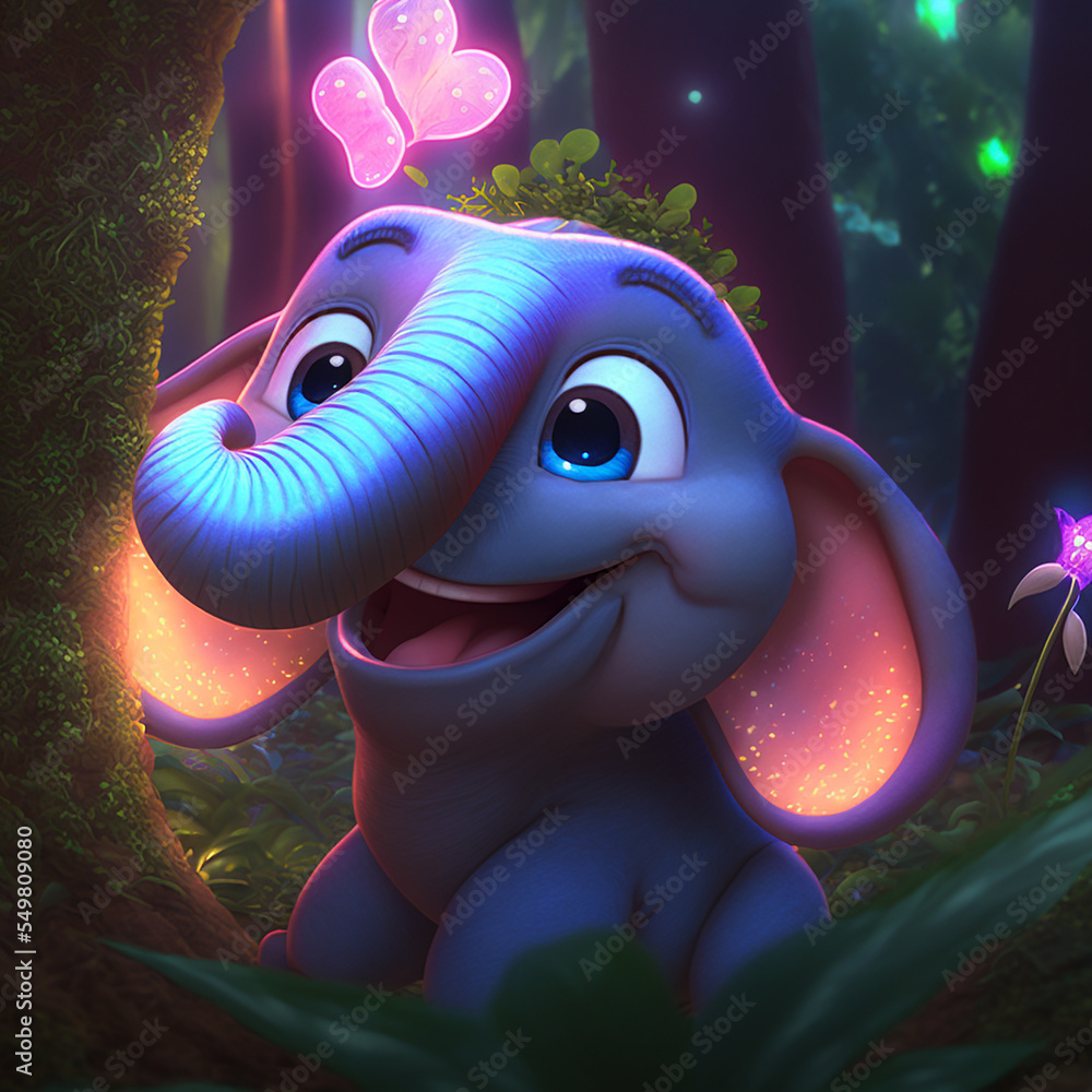 cute smiley baby elephant with mother-of-pearl tusks, neon lights dof background,epic , cinematic, sun rays, dappled shade, ferns