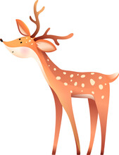 Cute Little Deer Or Baby Doe, Drawing For Children Zoo. Adorable Artistic Deer Animal Illustration For Children. Vector Kids Cartoon Clipart In Watercolor Style.