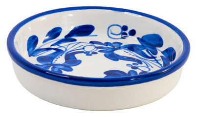 Ceramic plate, Empty Blue and white pottery plate, isolated on white background with clipping path, Side view. Image of Pottery, Portuguese or English vintage style ceramic plate.