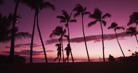 Wall Mural - Running people in silhouette at perfect beach sunset with palm trees. Woman and man jogging training at beach sunrise during active travel vacation. Runners working out exercising on run. SLOW MOTION.