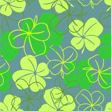Seamless Pattern Of Green Contours And Silhouettes Of A Four-leaf Clover On A Blue Background, Texture Design