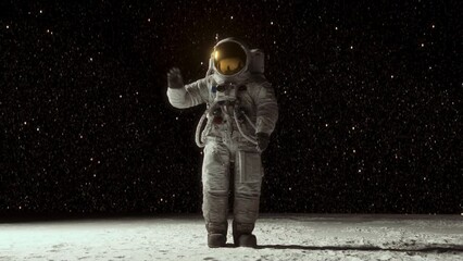 astronaut waving on the surface of the moon. cgi animation. stylized cinematic look and feel. 4k vid