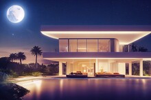 A Modern Dream Villa With Bright Light Curved Moon