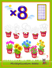 Multiplication table by 8 for kids. Solve examples and paint the flowers. Educational page for school. Logic puzzle game. Printable worksheet for children math textbook. Coloring book. Vector image.