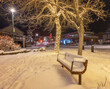 Park bench in the snow with Christmas decorated tree in Canmore, Alberta, Canada