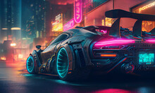 Supersport Car Parked On The Street At Cyberpunk City Illuminated With Neon Lights. Postproducted Generative AI Illustration.