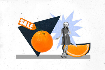 Canvas Print - Composite collage image of excited funny mini girl black white colors showing sale proposition big orange fruit isolated on creative background