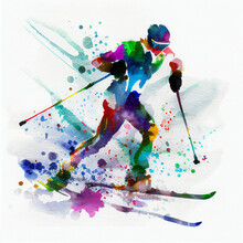 Cross-country Skiing. Watercolor Illustration Of A Cross-country Skier