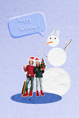 Poster - Vertical collage picture of two excited funky kids hold mini decorated tree sledge big snowman congratulate new year