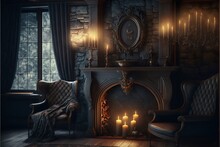 Gothic Mansion Victorian Living Room With Huge Windows Interior Design Illustration
