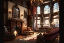 Gothic Mansion Victorian Living Room With Mirrors And Huge Windows Interior Design Illustration