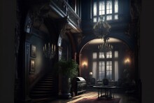 Gothic Mansion Victorian Living And Stairs Room Interior Design Illustration