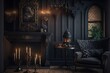 Gothic mansion victorian living room interior with wooden background design illustration