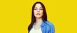 © rohappy - Portrait of beautiful young brunette woman model in casual on yellow background