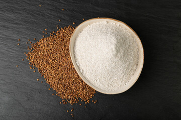 Wall Mural - Buckwheat Flour Pile in Wood Bowl, Dry Buck Wheat Powder, Buckwheat Flour on Wooden Rustic Background