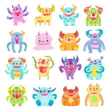 Set Of Cute Funny Monsters. Happy Colorful Aliens Or Mythical Creatures Cartoon Vector Illustration