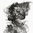 Double exposure portrait attractive african american woman flowers, leaves. illustration