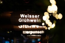 "Weisser Gluhwein" - "White Mulled Wine" Sign At A Stand On A German Christmas Market In Hanover