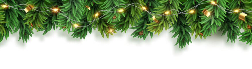 christmas pine garland. seamles christmas pattern or frame with green coniferous branches isolated o