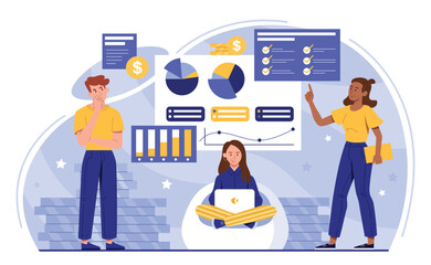 Business analytic concept. Men and women sit on background of graphs, charts and diagrams. Statistics and work with information. Poster or banner for website. Cartoon flat vector illustration