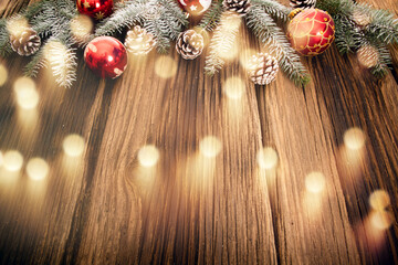 Wall Mural - christmas decorations and lights on wooden table