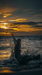 Canvas Print - Vertical shot of the driftwood and sea waves at sunset. Baltic sea.