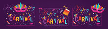 Carnival 2023 Set. Collection Of Posters And Banners For Website. Bright Mask With Feathers, Holiday And Festival. Traditions And Culture. Cartoon Flat Vector Illustrations Isolated On Violet Backdrop