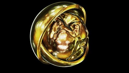 Wall Mural - Realistic looping 3D animation of the abstract morphing liquid gold sphere inside of two golden metallic hemispheres rendered in UHD with alpha matte