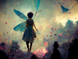 A fairy or an elf with wings in a fantasy world of dreams.