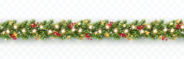 Wall Mural - Border with green fir branches, gold stars, red berries, lights isolated on transparent background. Pine, xmas evergreen plants seamless banner. Vector Christmas tree garland decoration