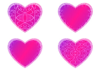 Set of heart shaped valentine's cards. 2 with pattern, 2 with copy space. Neon gradient plastic pink to proton purple, glowing pattern on it. Cloth texture. Heart size 8x7 inch / 21x18 cm (p02-1ab)