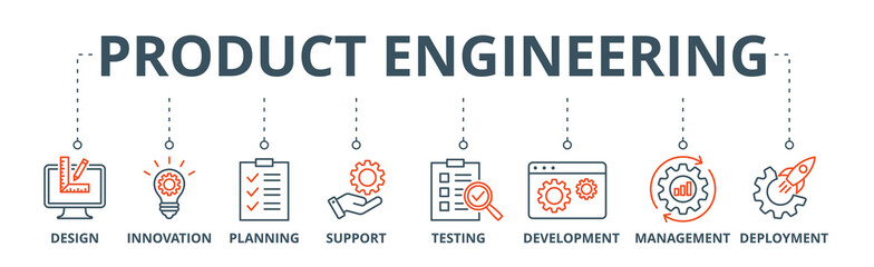 Product engineering banner web icon vector illustration concept with icon of design, innovation, planning, support, testing, development, management, deployment