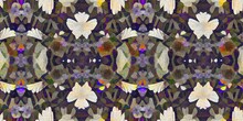 Retro Kaleidoscope Floral Seamless Border. Vintage Geo Gender Neutral Fashion Ribbon For Botanical Cottagecore Banner. Trendy Watercolor For Splotched Flower Texture. 