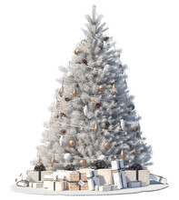 3d Rendering Of Decorated Faux Silver Christmas Tree With Gifts Under Xmas Tree Isolated On Transparent Background