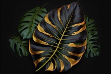 Illustration Of A Black And Gold Tree Leaf Isolated On A Black Background